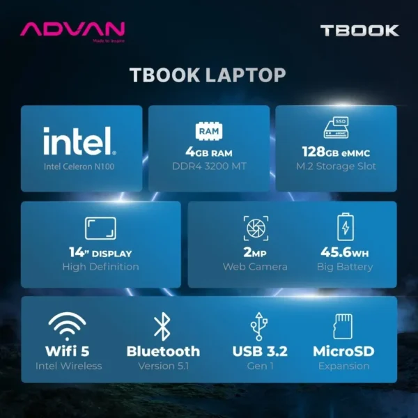 ADVAN Laptop TBook Intel Celeron N100 - Gambar 3